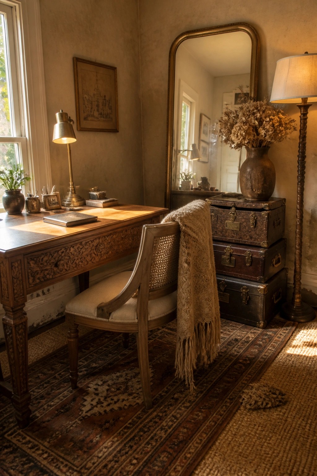 A wooden desk with a cane-back chair sits on a patterned rug beside stacked vintage trunks and a large floor mirror in a sunlit room.
