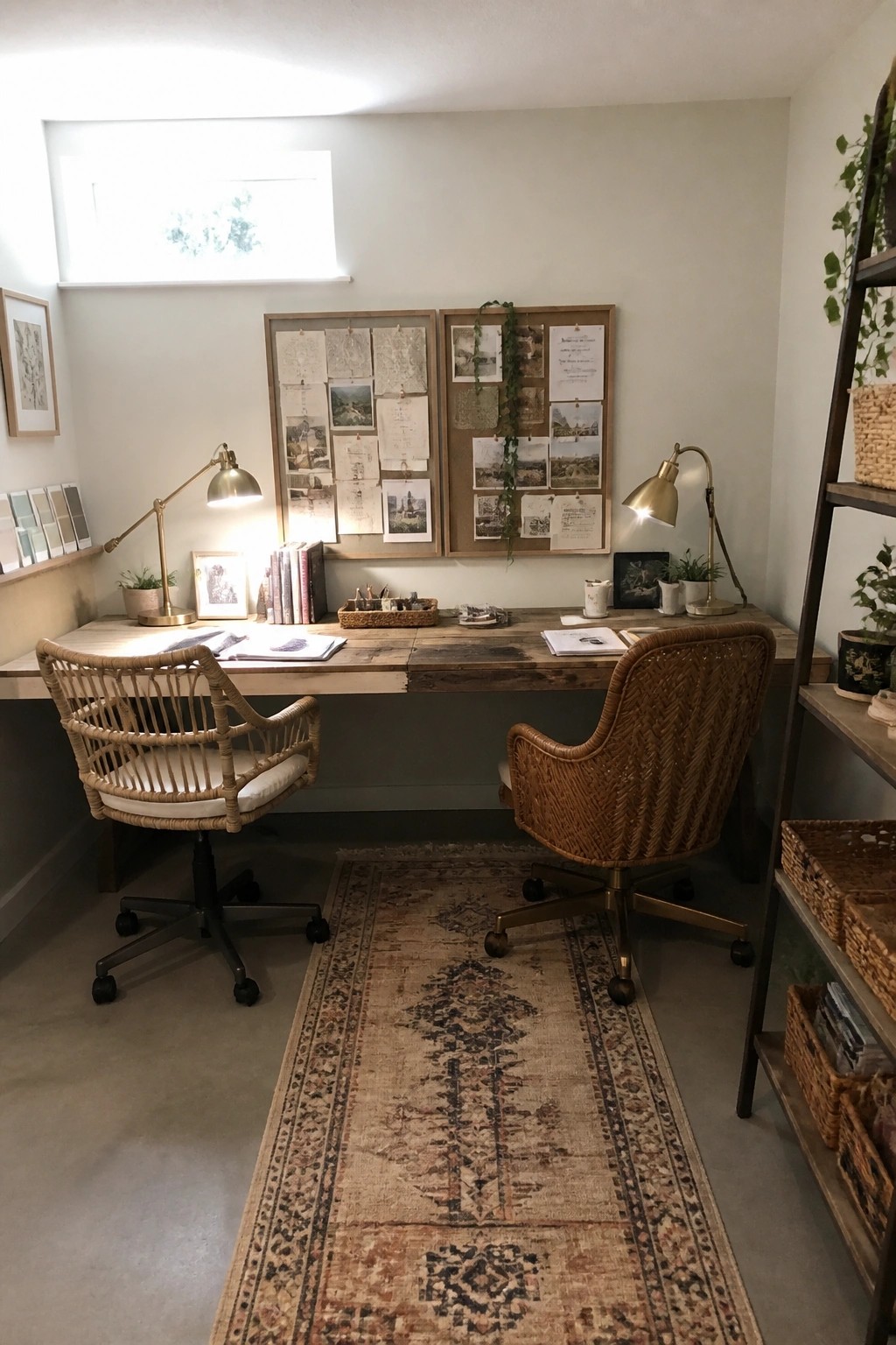Rustic wooden desk with two woven chairs, brass lamps, and wall mood boards