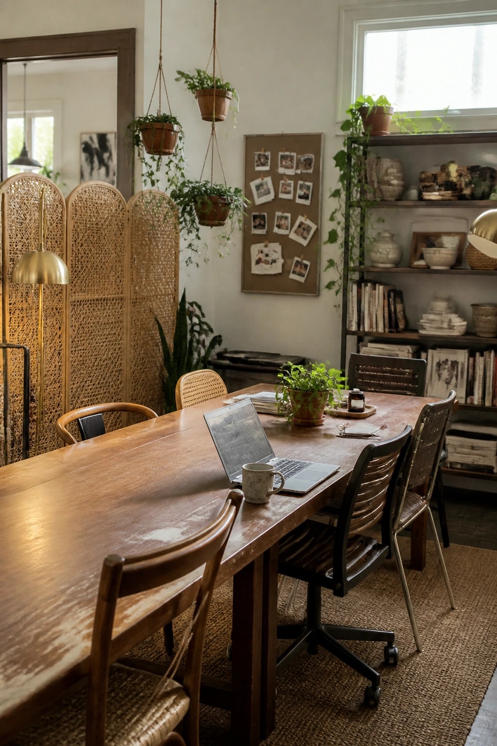A long wooden table used as a desk in a home office, holding a laptop and mug, with mixed wooden and woven chairs around it and many potted plants nearby.