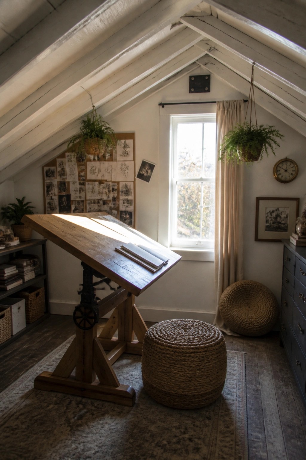 An attic room with a large wooden adjustable drafting table in front of a window, surrounded by hanging plants, woven poufs, and a mood board on the wall.