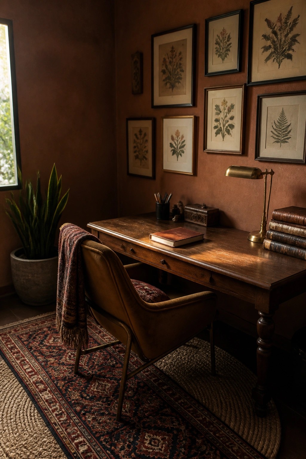 A wooden desk and brown leather chair sit in front of terracotta walls covered with framed botanical prints, with a patterned rug on the floor and a potted plant nearby.