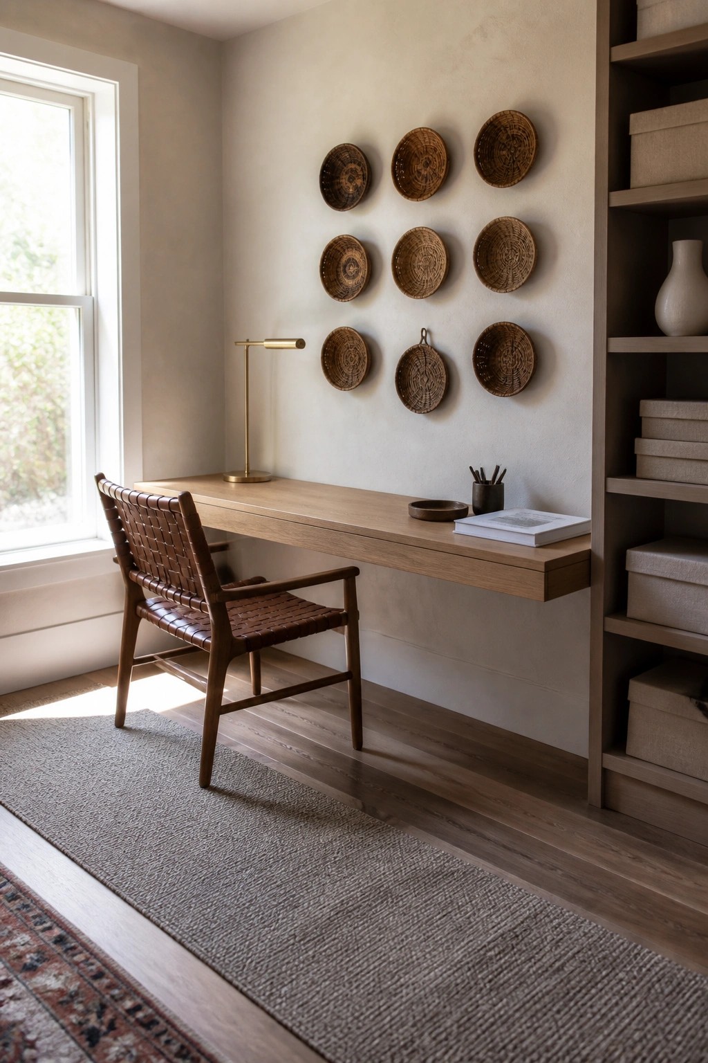 A home office featuring a floating wooden desk beneath an arrangement of woven baskets, with a woven leather chair pulled up to the desk and built-in shelves to the right.