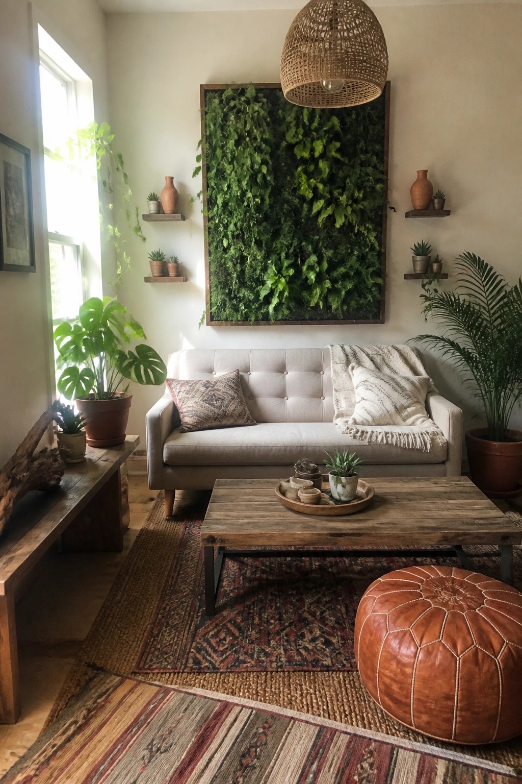 A small living room featuring a large framed vertical plant wall above a light sofa, with wooden furniture, layered rugs, and potted plants on shelves and the floor.