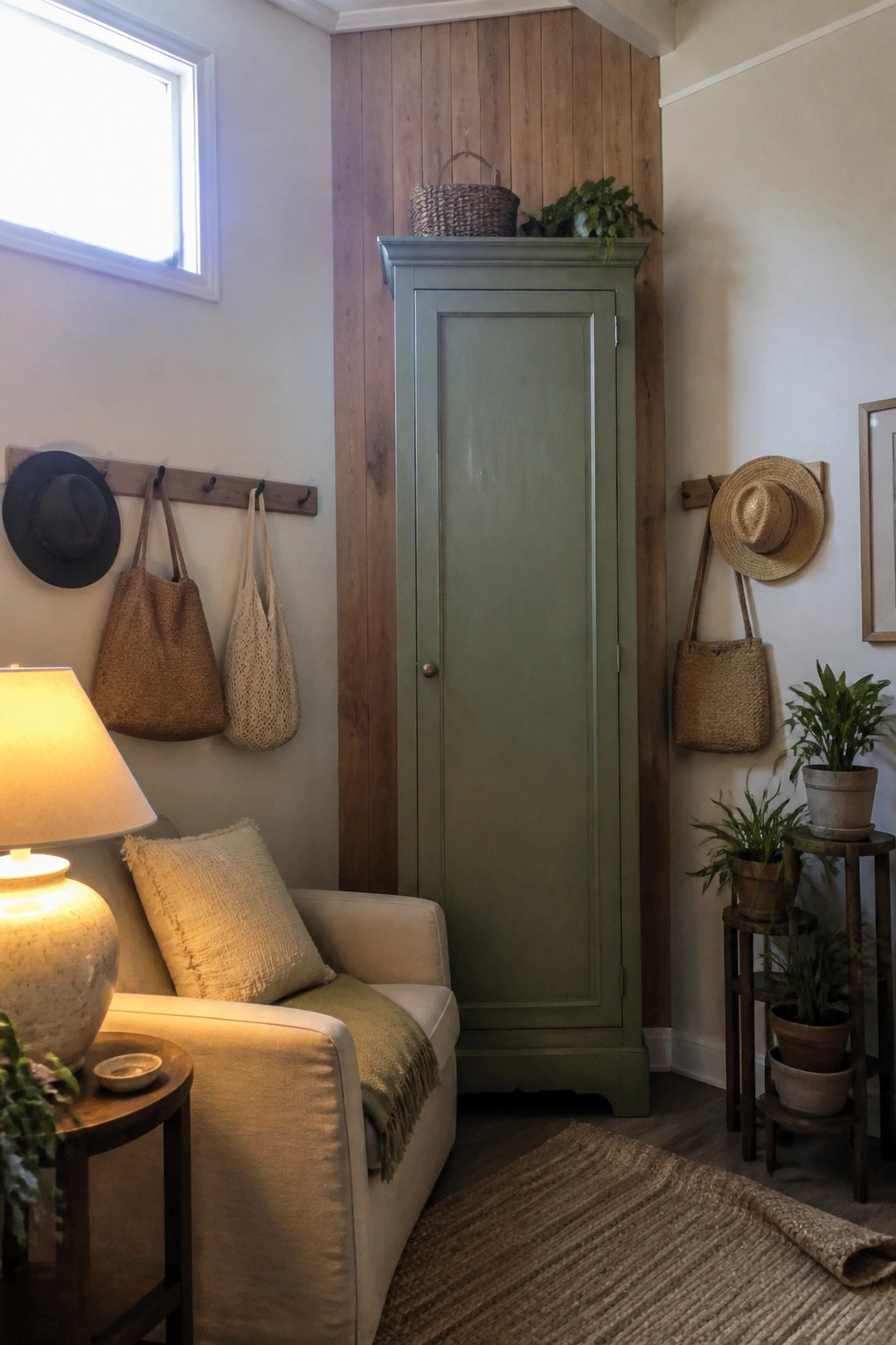 A corner of a small living room with a tall sage green cabinet, a beige sofa, wall hooks holding hats and bags, and several potted plants.