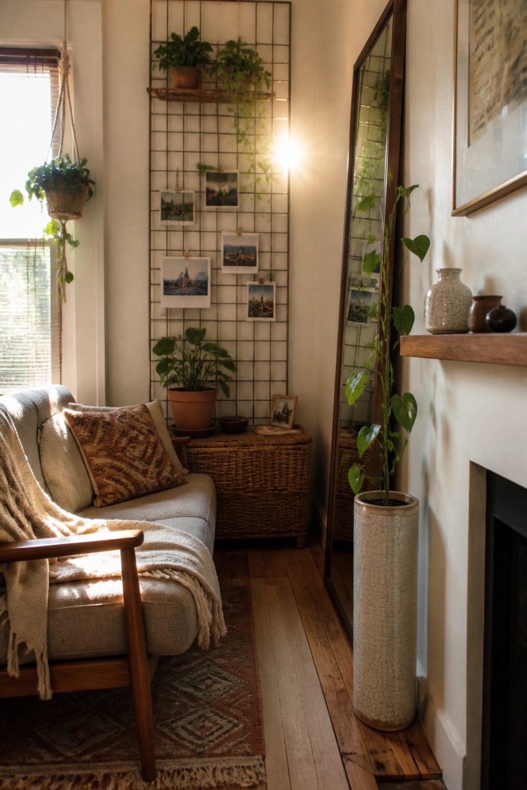 Cozy sunlit nook with sofa, patterned rug, plant-covered grid wall, and mirror.