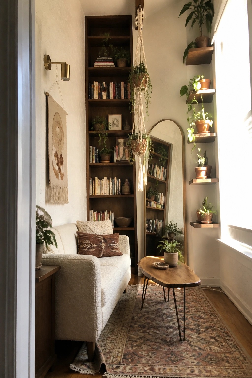 A small living room features a tall wooden built-in bookshelf unit filled with books and plants, a white sofa, hanging macrame planters, and an arched mirror.