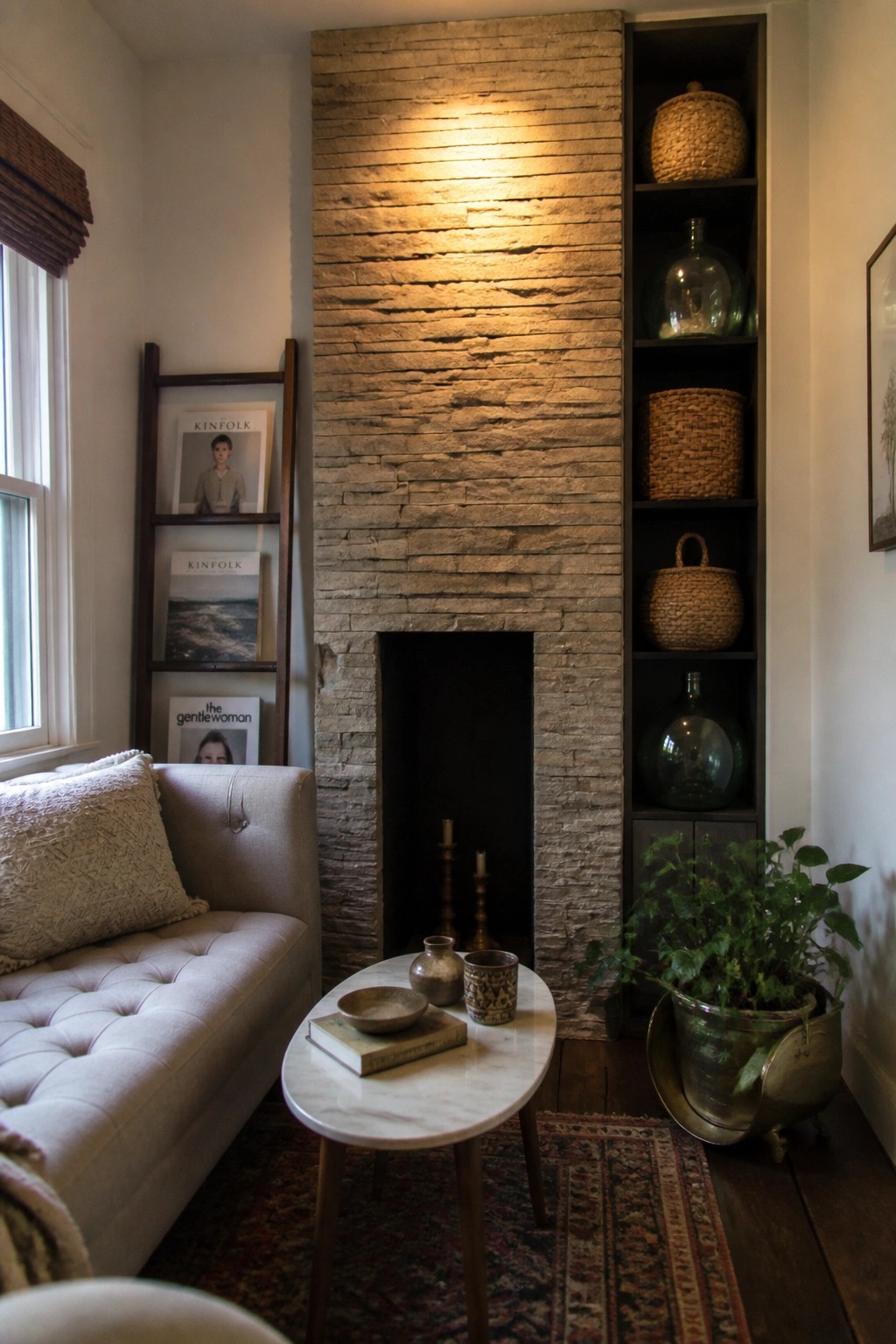 A small living room corner shows a tall stone fireplace with built-in vertical shelves on the right holding baskets and glass bottles, a light tufted sofa, and a round marble coffee table.