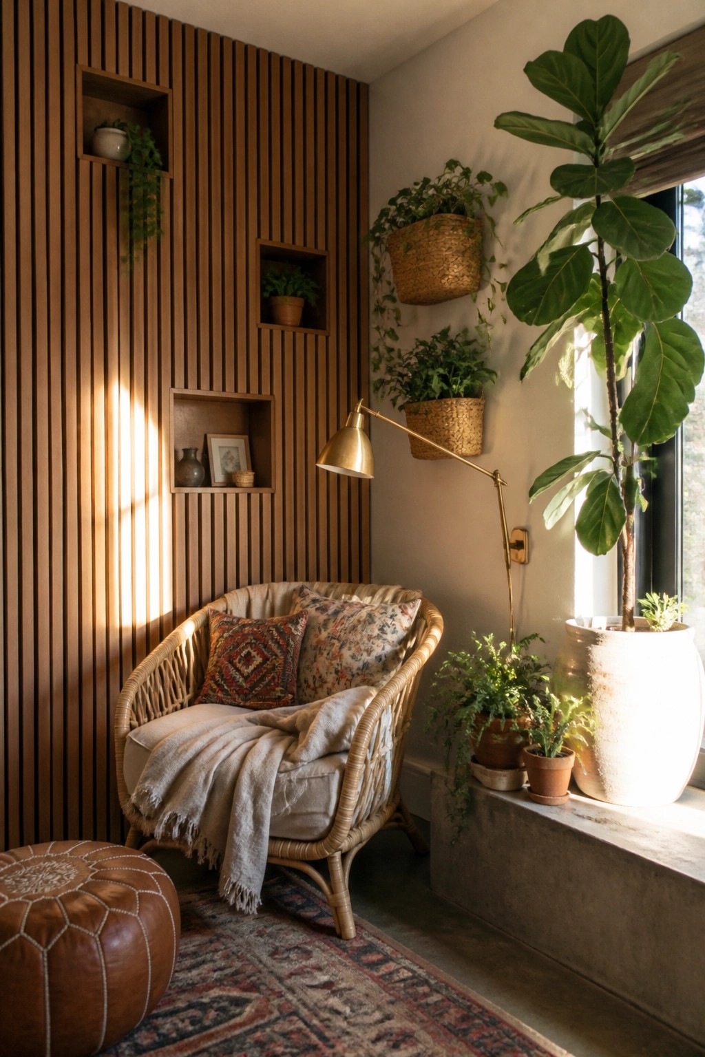 A cozy boho corner with a rattan chair in front of a wood-slatted wall that has three built-in niches holding small plants and decor items, plus hanging baskets and a large window plant.