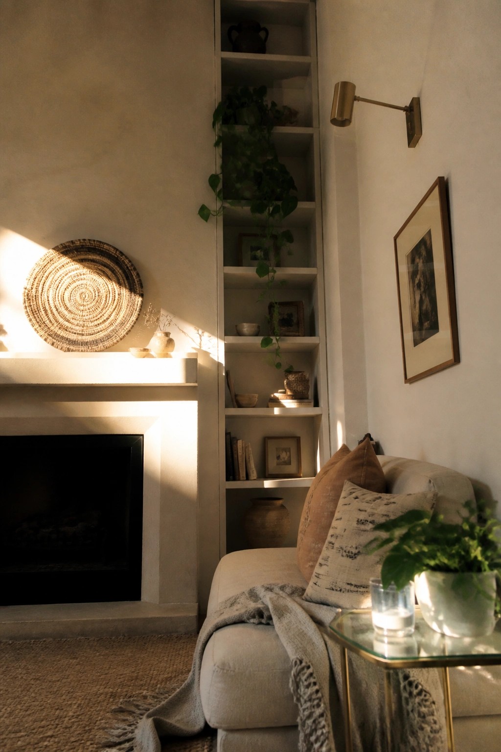 A living room corner with a black fireplace, tall built-in white shelves holding books, plants, and pottery, a woven wall basket above the mantel, and part of a light sofa with pillows and a side table.