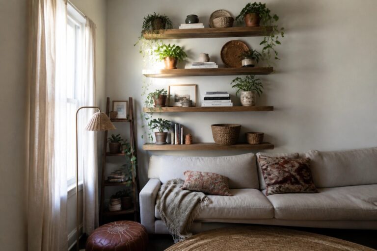 20 Clever Small Boho Living Room Decor Ideas Using Vertical Space A living room corner with a beige sofa, patterned pillows, a round leather pouf, and three wooden floating shelves mounted on the wall above, holding potted plants, stacked books, and woven baskets.