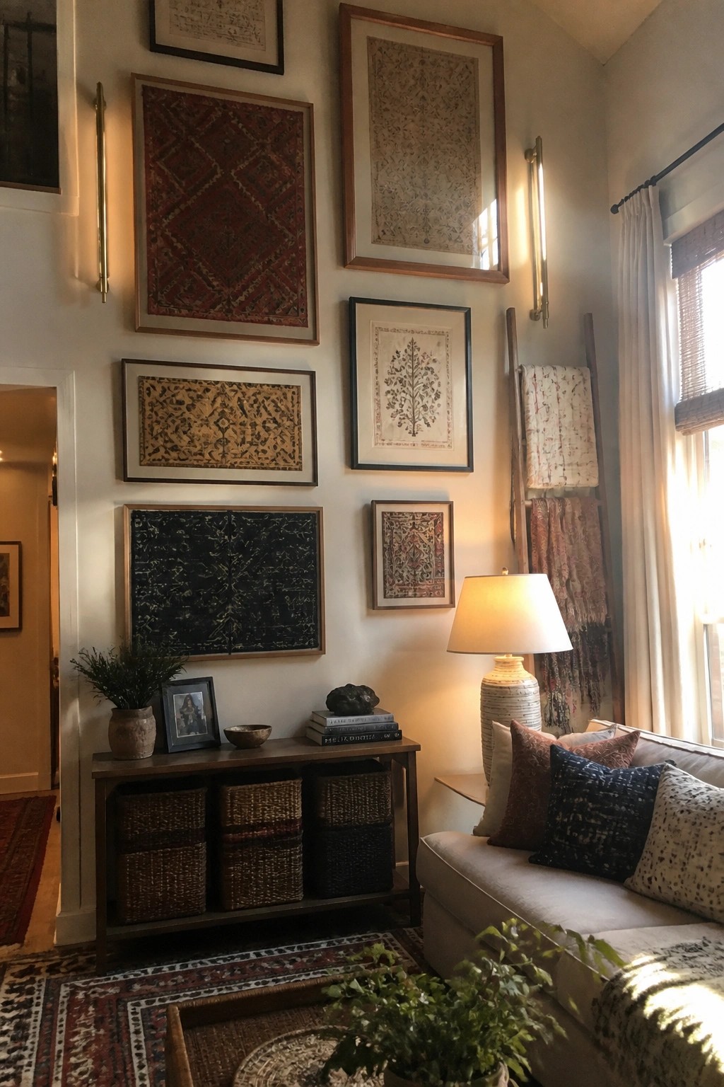 A living room corner showing a light-colored sofa, a wooden console with baskets underneath, and a large arrangement of framed textiles and art covering the wall above.