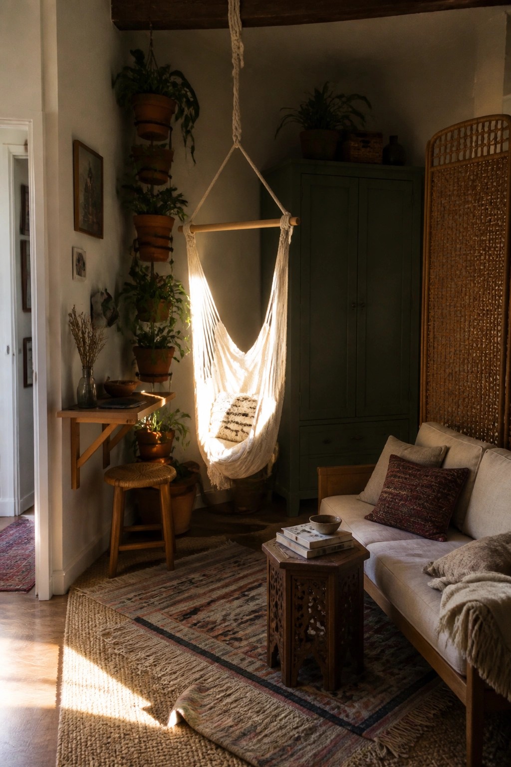 Sunlit bohemian room with hanging macrame chair, plants, sofa, and woven rugs.