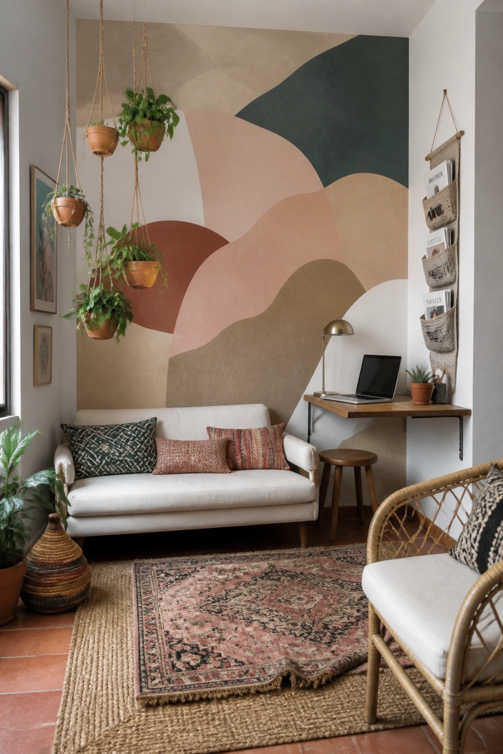 A compact boho living room featuring a white sofa, multiple hanging plants suspended from the ceiling, an abstract wall mural in earth tones, and a wall-mounted desk with a laptop.