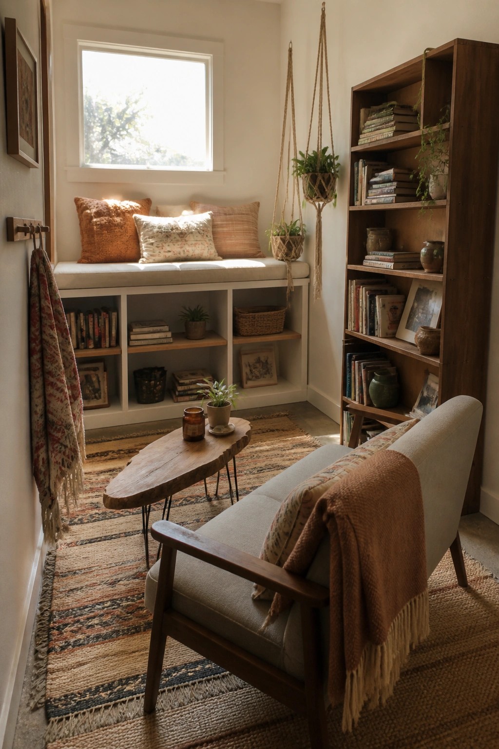A small boho living room corner featuring a window seat with pillows, a tall wooden bookshelf, hanging macrame planters, a wooden coffee table, and an armchair on layered rugs.