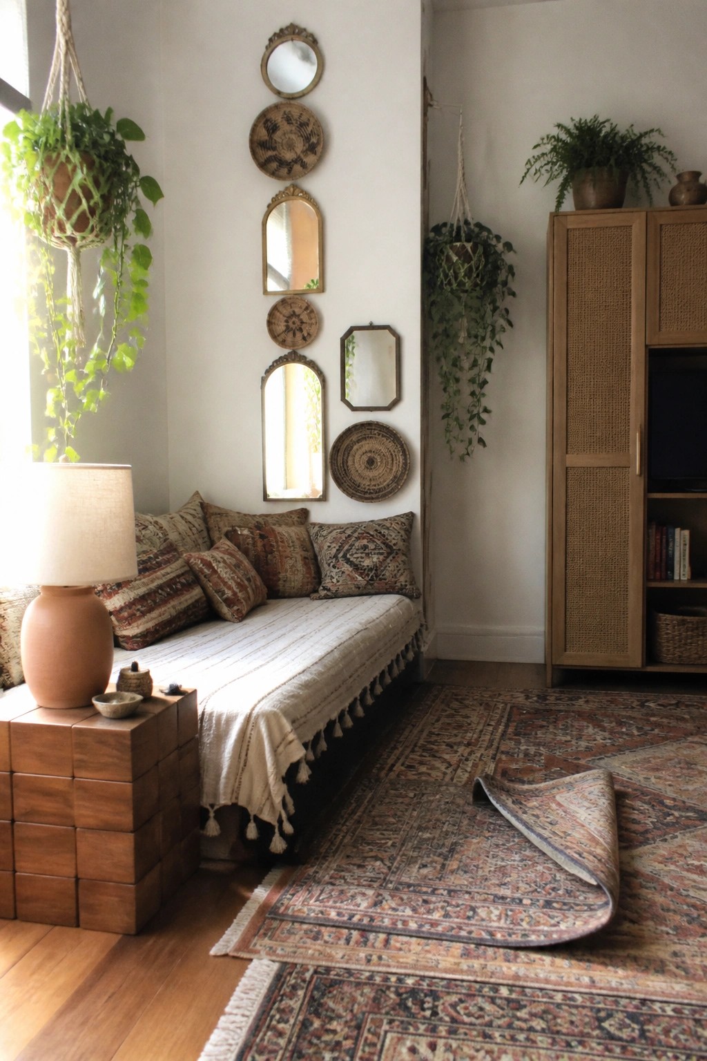 A small boho living room features a daybed with patterned pillows beneath a vertical arrangement of mirrors and woven wall hangings, a wooden side table with a lamp, and a tall cabinet on the right.