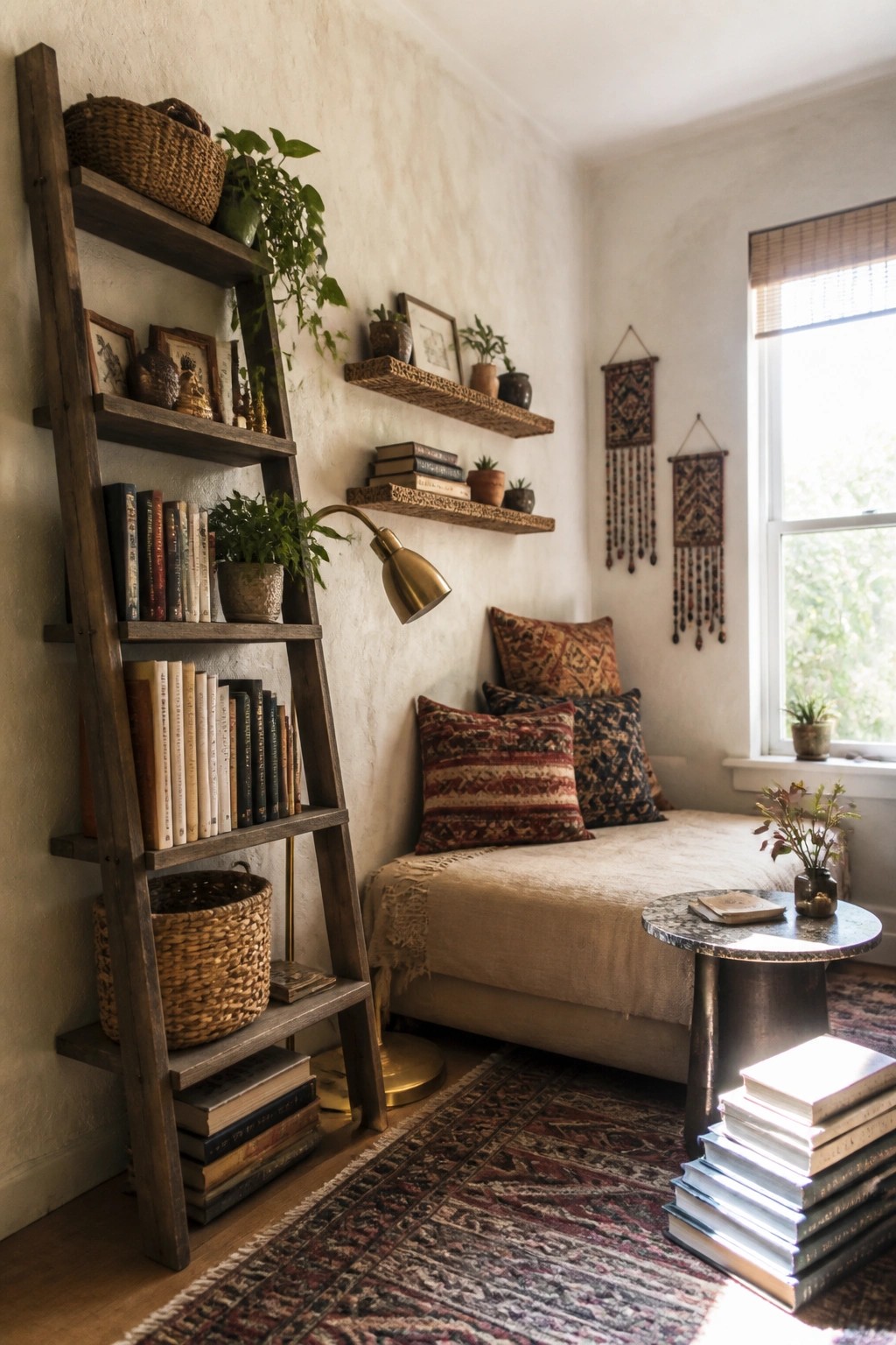 A small boho living room featuring a tall wooden ladder bookshelf filled with books and plants beside a daybed with patterned pillows and a round side table.
