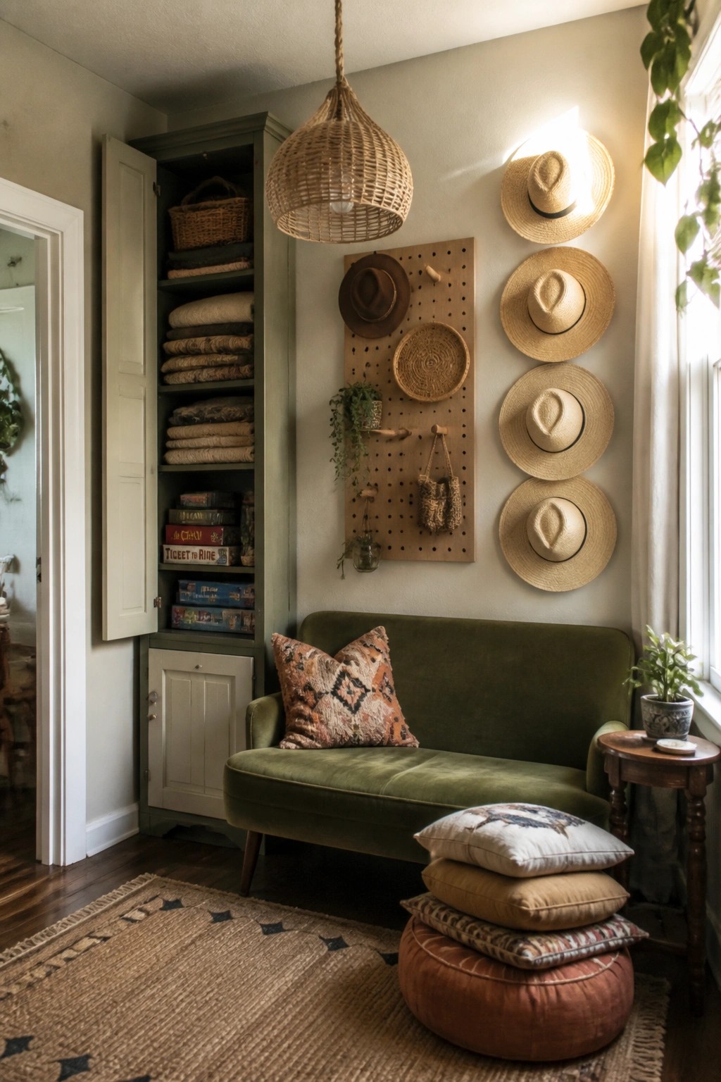 Cozy green velvet sofa beside pegboard of straw hats in earthy bohemian nook