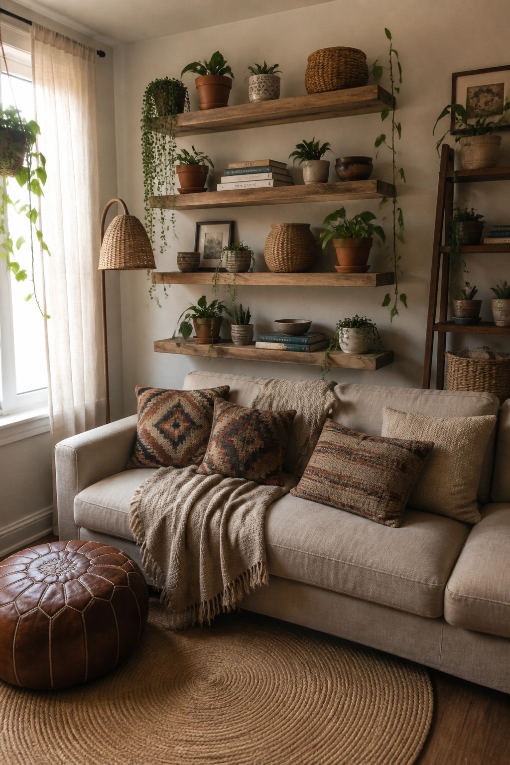 A living room corner with a beige sofa, patterned pillows, a round leather pouf, and three wooden floating shelves mounted on the wall above, holding potted plants, stacked books, and woven baskets.