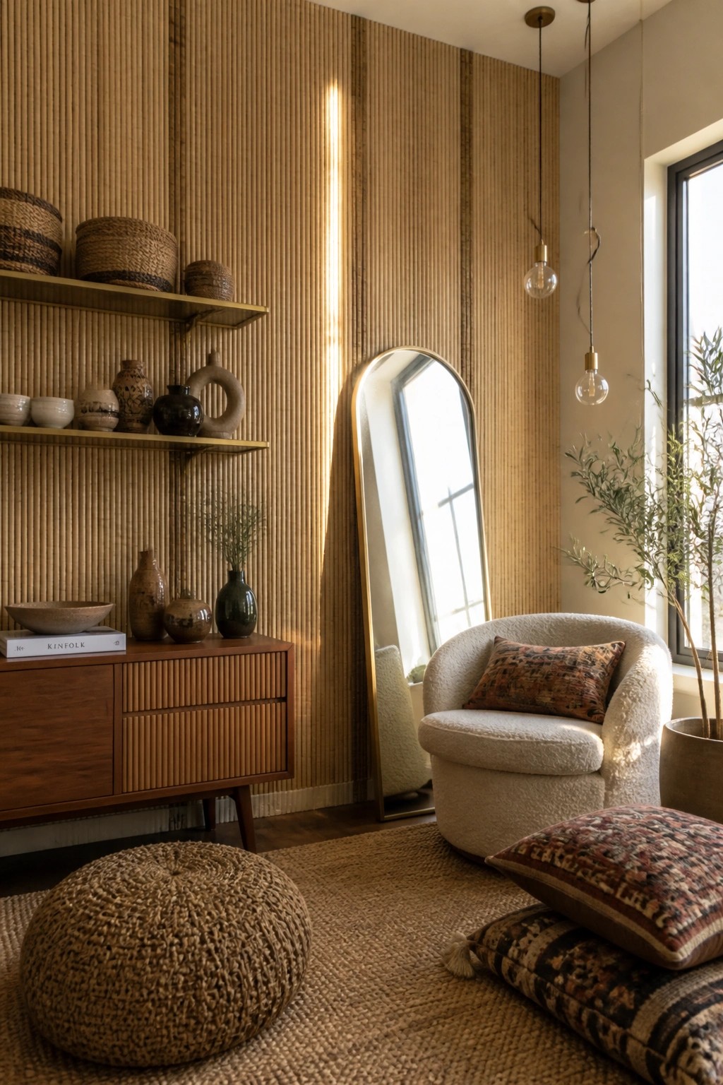 A living room corner with two wooden floating shelves on a vertical slat wall holding woven baskets and assorted ceramic vases, beside a tall arched mirror and a round boucle chair.