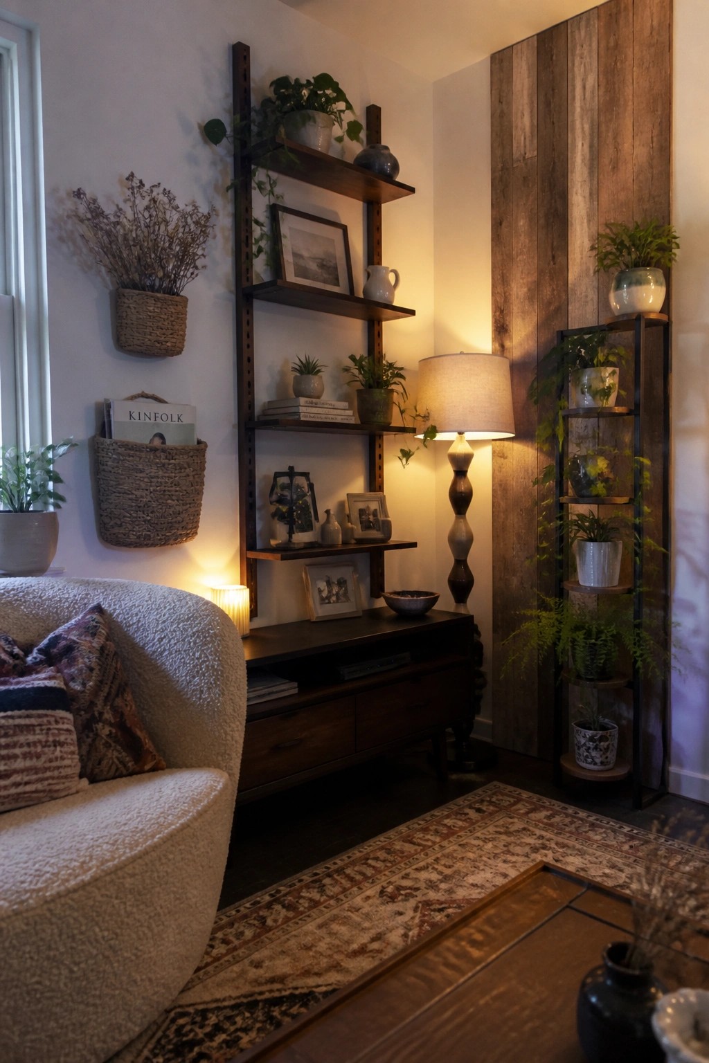 A living room corner showing a white boucle sofa, wooden wall-mounted shelves with plants and framed photos, a lit floor lamp, and a tall multi-tiered plant stand against a wood accent wall.