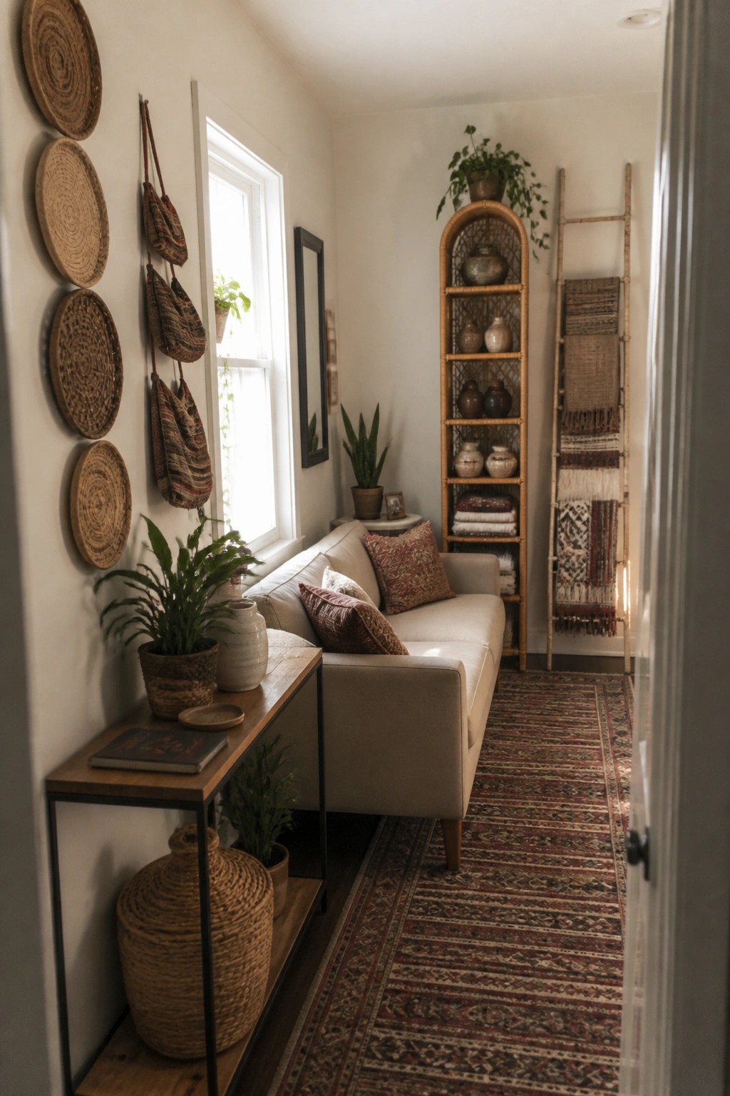 Narrow living room with a light sofa on a patterned runner rug, a tall arched wooden shelf holding vases and folded textiles, woven wall hangings on the left, and a wooden ladder displaying rugs on the right.