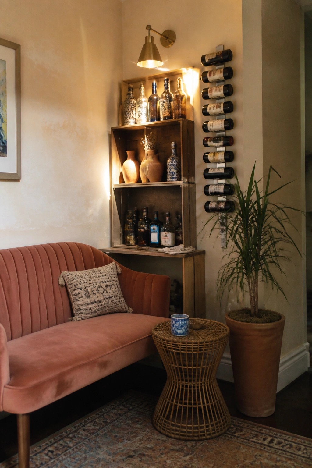 A small living room corner with a pink sofa, wooden crate shelves holding bottles, a vertical wall-mounted wine rack, a potted plant, and a wicker side table.