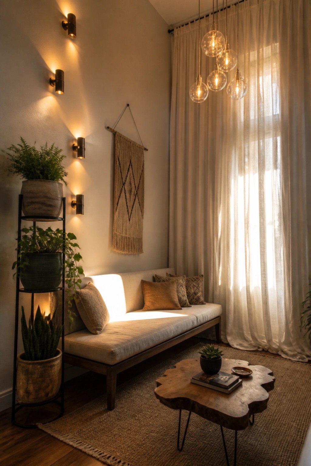 A small living room with a beige sofa, wooden coffee table on a jute rug, tall plant stand with multiple pots, macrame wall hanging, sheer curtains, and several black wall sconces.