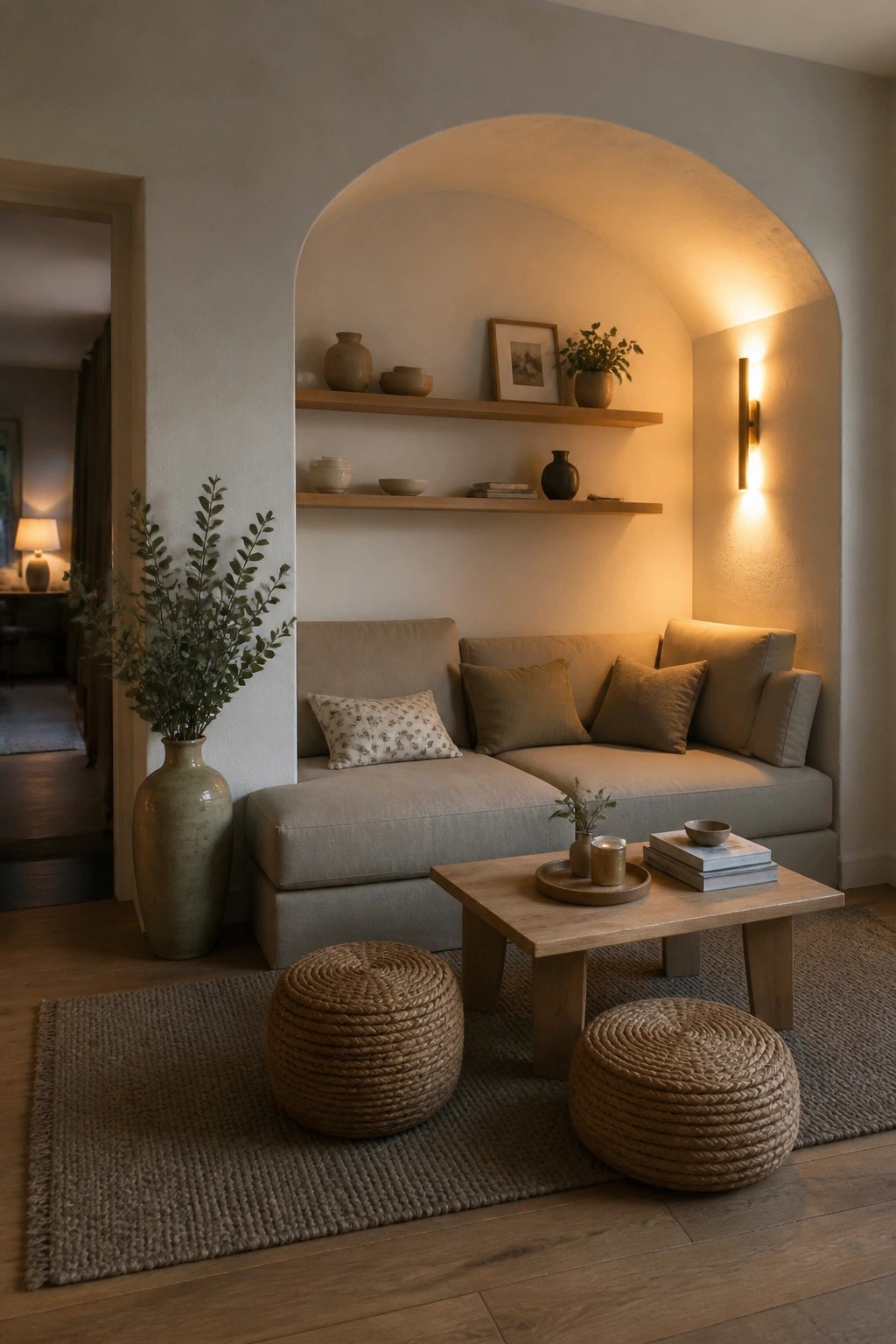 A living room shows a built-in arched alcove holding a modular beige sofa with pillows, flanked by floating wooden shelves and a low wooden coffee table on a woven rug.