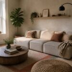 A living room featuring a large modular beige sectional sofa arranged on a woven rug with a round wooden coffee table in front.