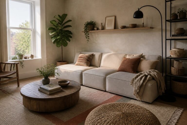 A living room featuring a large modular beige sectional sofa arranged on a woven rug with a round wooden coffee table in front.