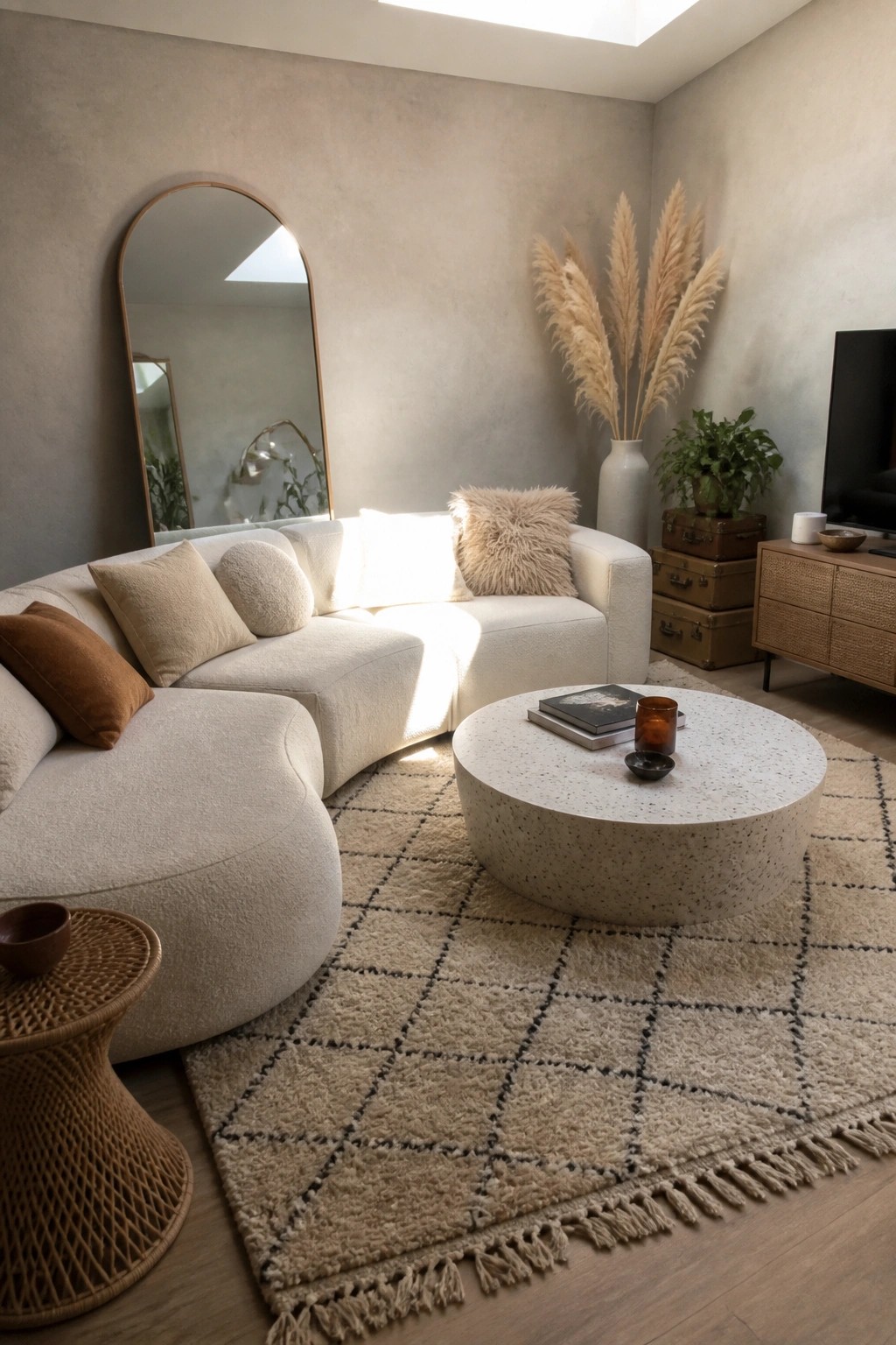 A living room with a large curved off-white modular sofa, round speckled coffee table, patterned beige rug, and arched mirror on a textured wall.