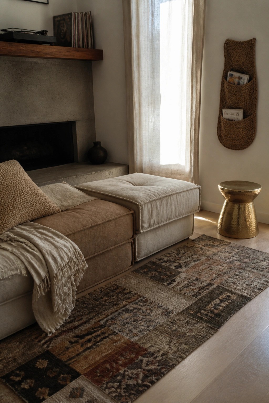 Neutral sectional sofa on patchwork rug near concrete fireplace and woven basket