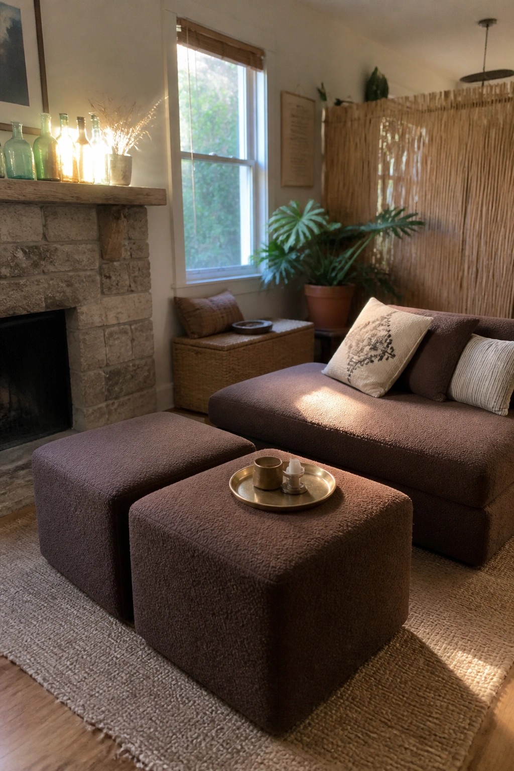 Sunlit living room with brown boucle sofa, ottomans, stone fireplace, plants, and jute rug.