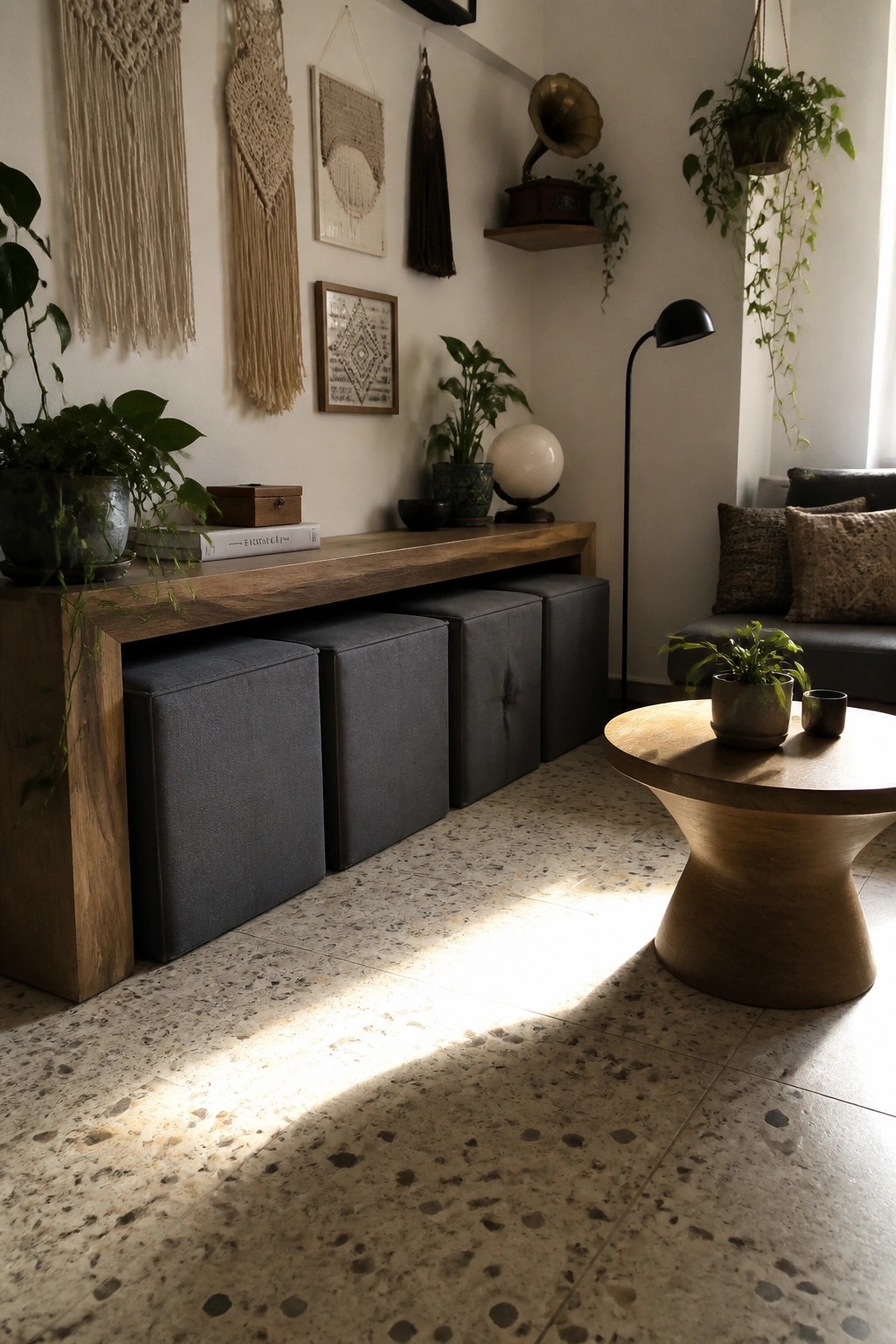 A living room interior showing a long wooden console bench with gray cube ottomans stored underneath, macrame wall hangings above, and houseplants on the bench and floor.
