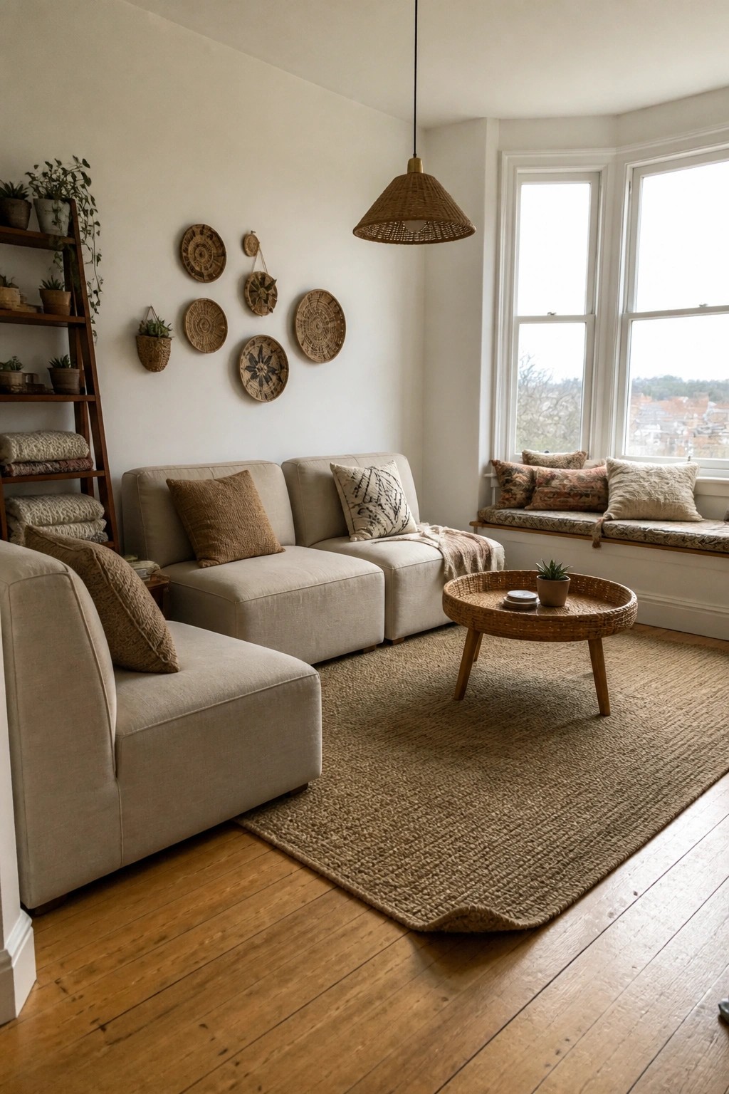 A small living room with modular beige sofas arranged on a large woven rug, a round wooden coffee table in the center, woven wall hangings above the seating, and a window seat with pillows on the right.