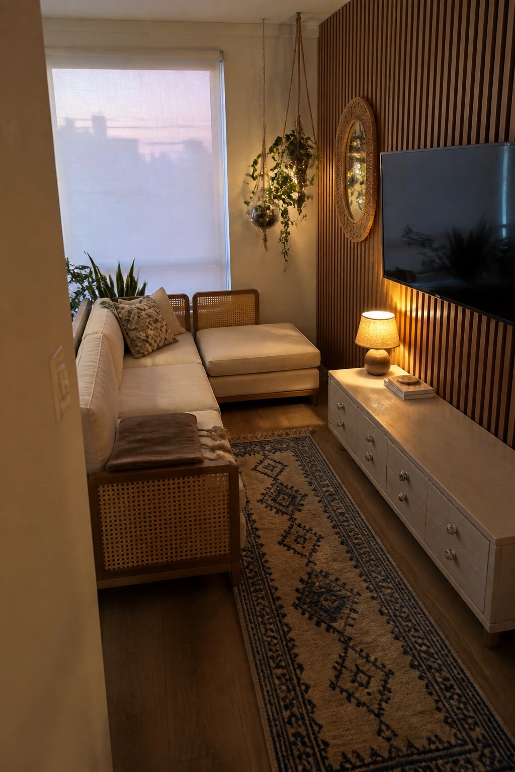 A small modern boho living room with a modular sectional sofa, separate ottoman, wooden TV console, and hanging plants near a window.