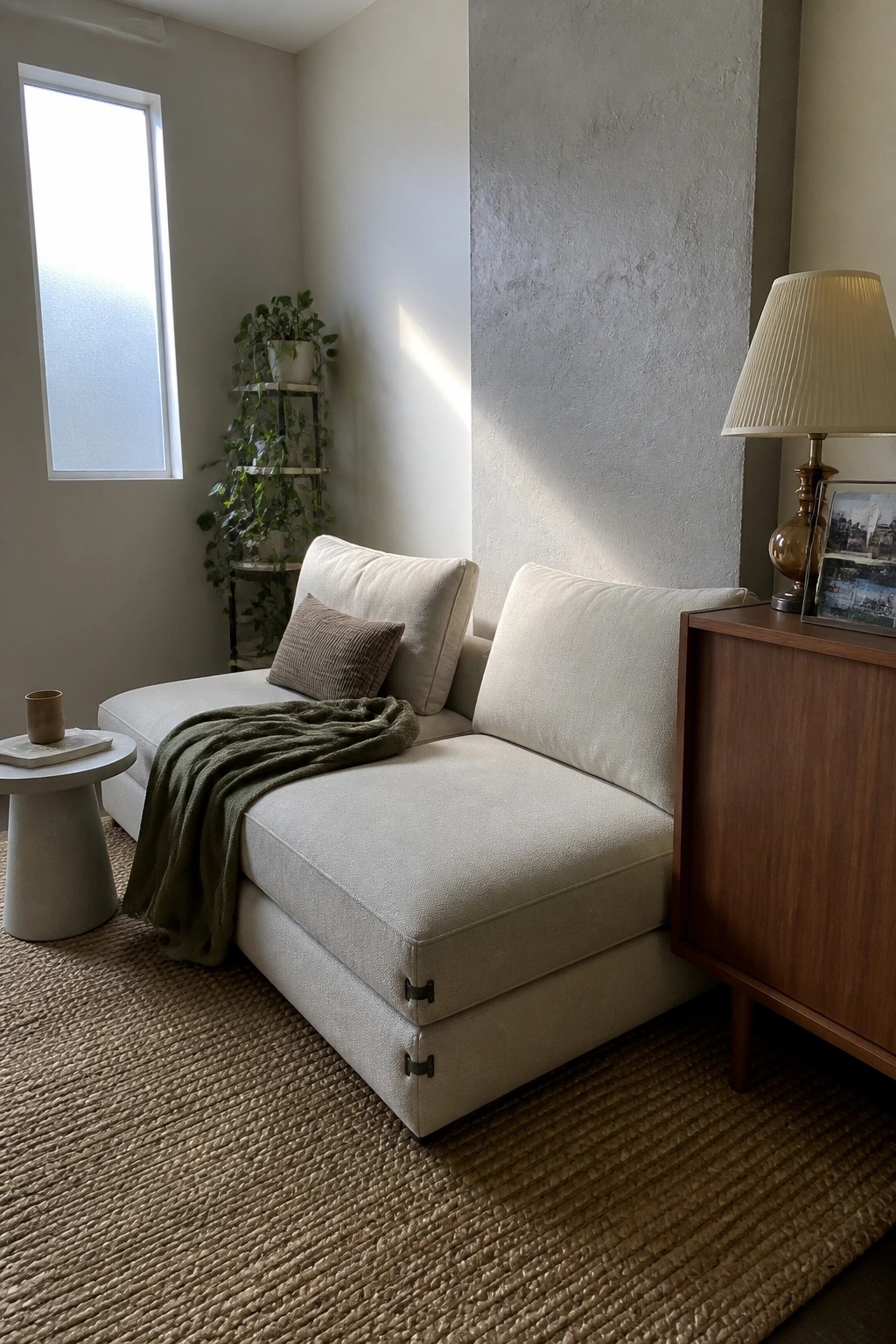 Neutral sectional sofa with green throw on jute rug beside wooden cabinet