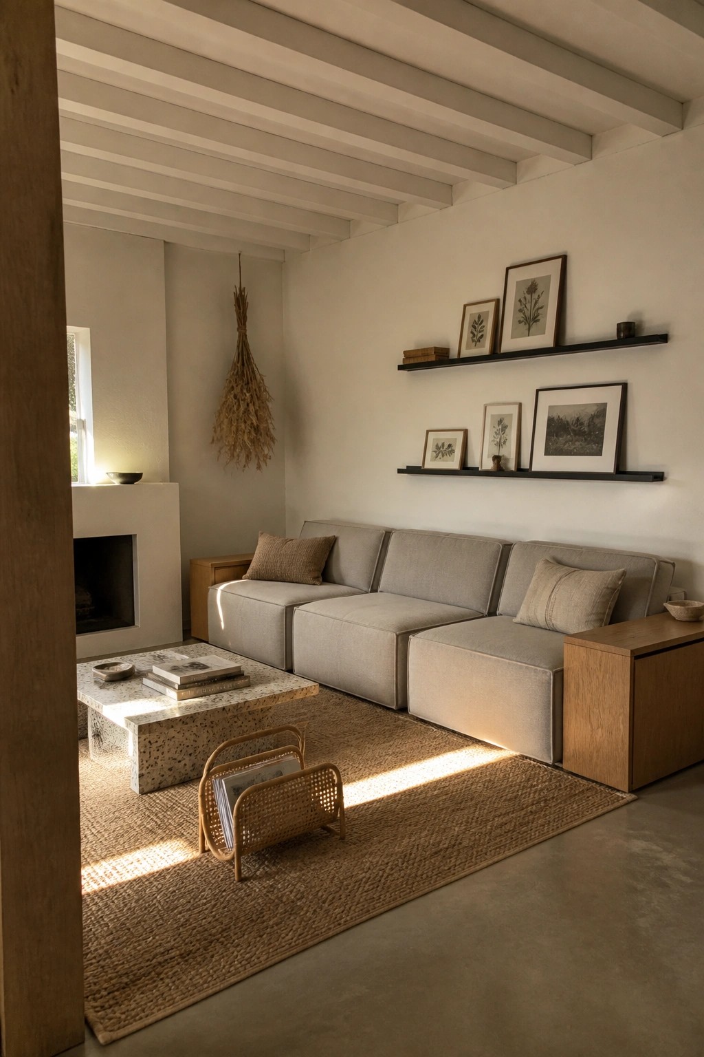 A light-filled living room featuring a low gray modular sectional sofa arranged on a woven jute rug, with a terrazzo coffee table, floating black shelves holding framed prints, and a white fireplace on the left wall.