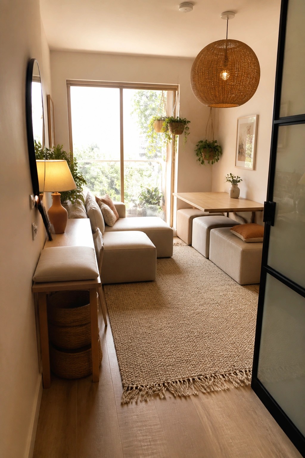 Cozy neutral living room with beige sofa, jute rug, woven pendant light, and dining table.