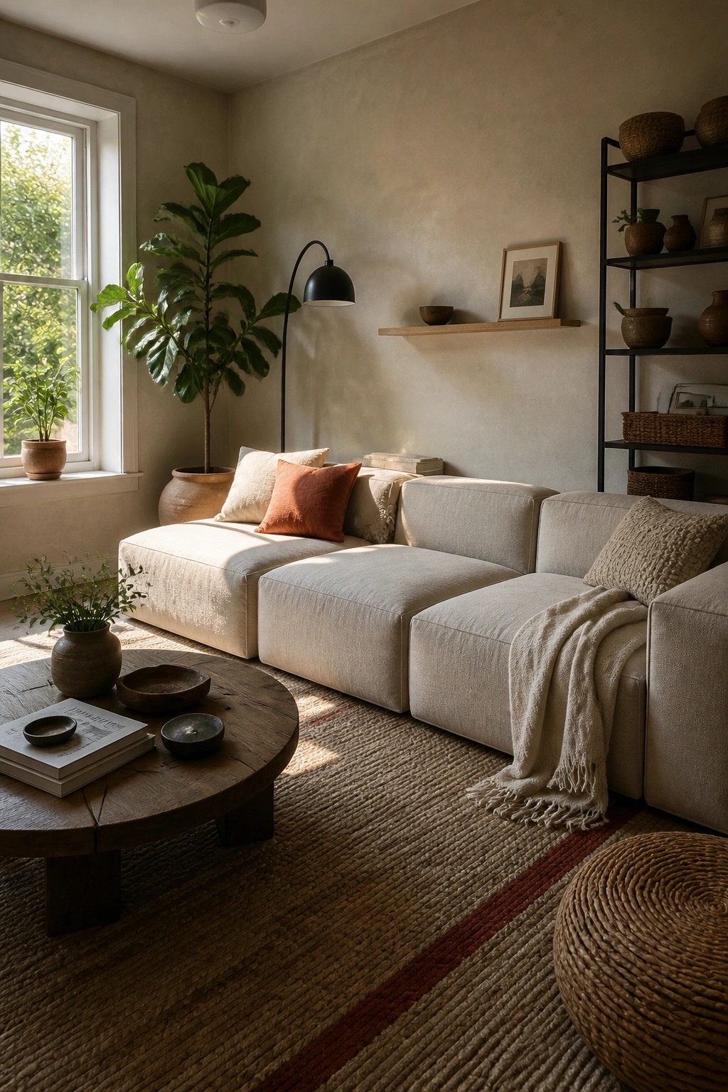 A living room featuring a large modular beige sectional sofa arranged on a woven rug with a round wooden coffee table in front.