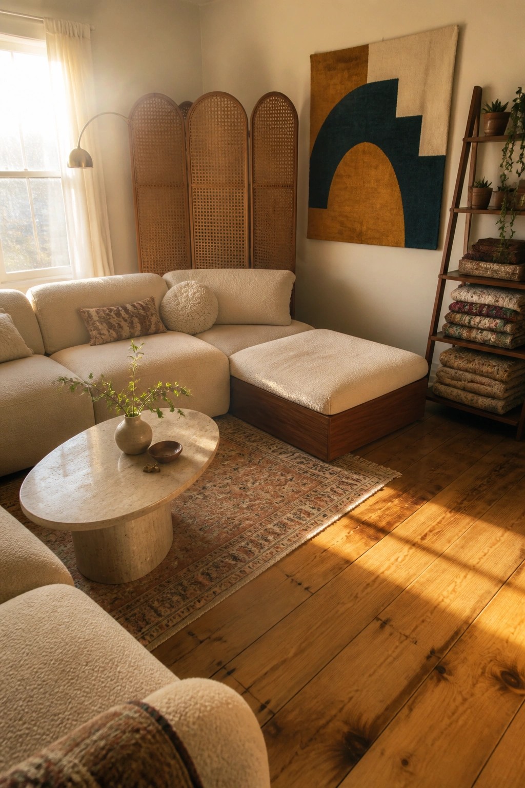 A small living room with a modular cream sectional sofa arranged around a large matching ottoman, a round marble coffee table on a patterned rug, and a wooden floor.