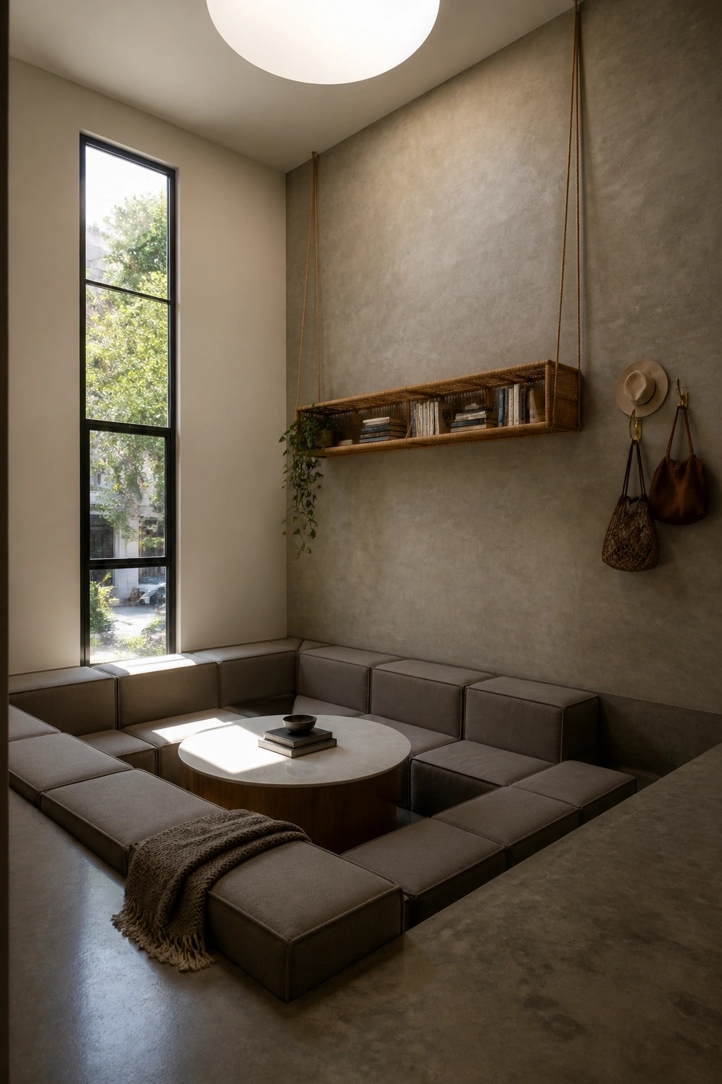 A small room with modular brown sectional seating arranged along three walls around a round coffee table, a hanging woven shelf with books above, and a tall window on the left.