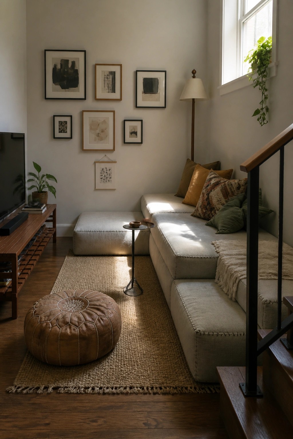 A small living room featuring a light beige modular sectional sofa along two walls, a brown leather pouf on a jute rug, a small round side table, and a gallery wall with framed artwork above the seating.