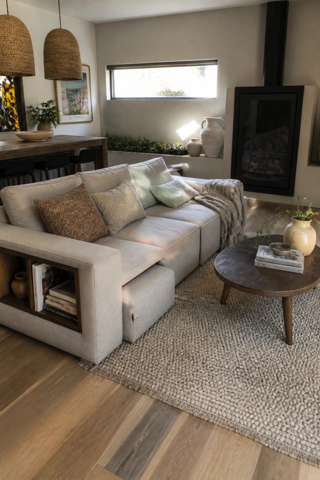 A light-colored modular sectional sofa with open shelving in the arm holding stacked books, positioned on a large woven rug next to a round wooden coffee table in a living room with a fireplace.