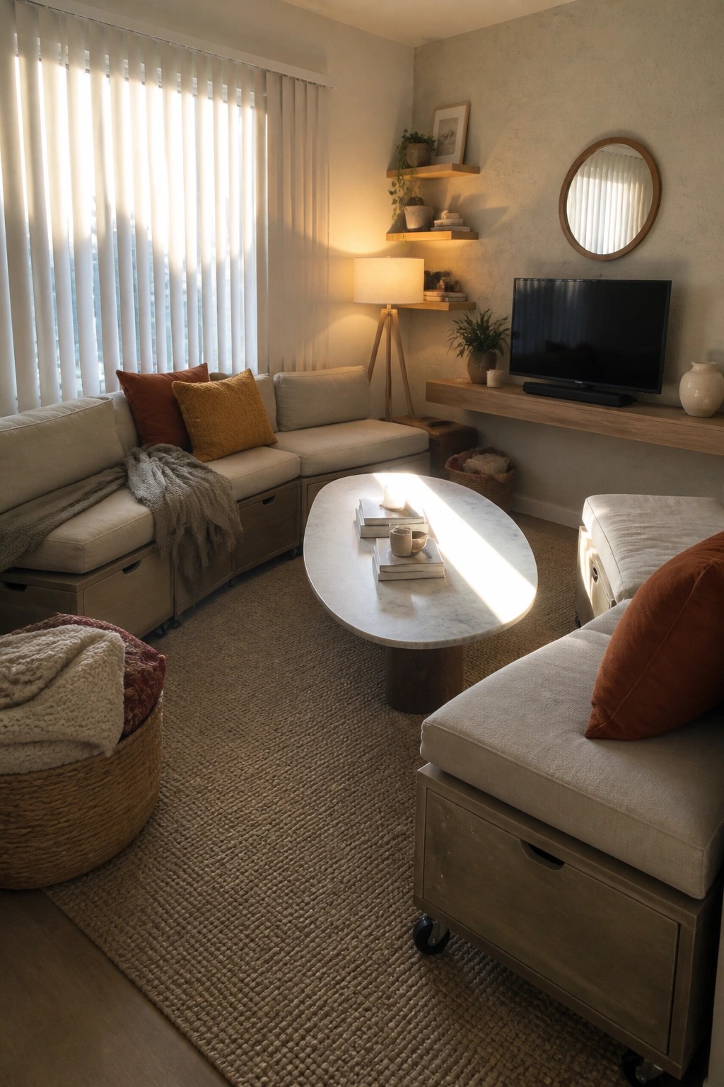 A small modern living room with a modular beige sectional sofa featuring storage bases, a wheeled storage ottoman, a marble oval coffee table, and a woven jute rug.