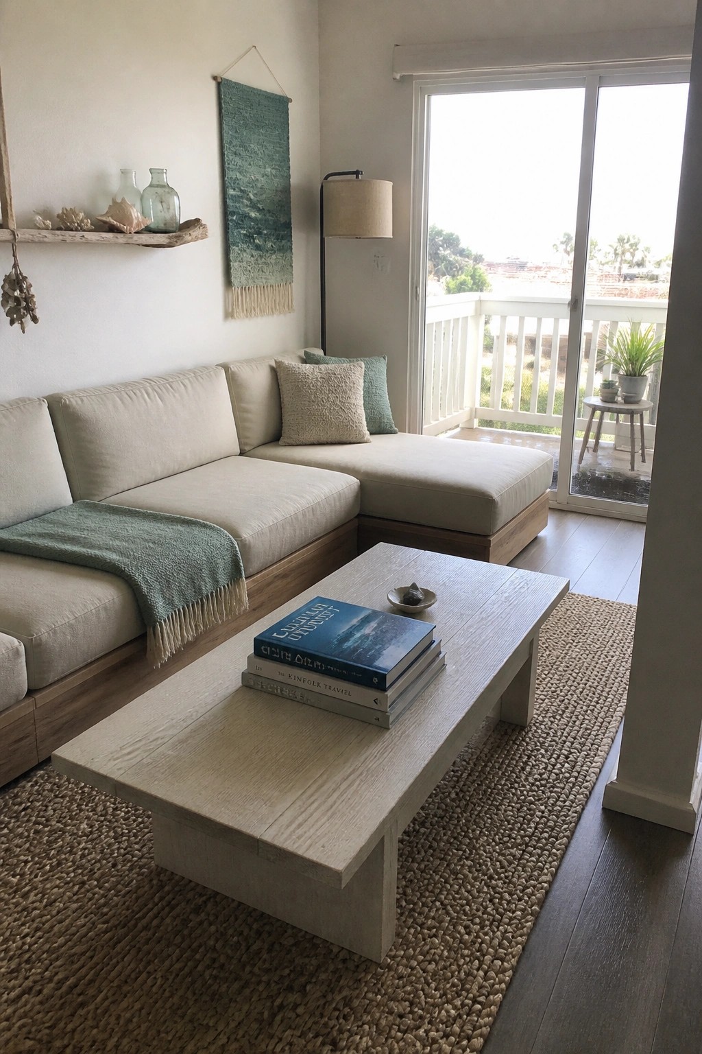 Beige sectional sofa and wooden coffee table in coastal living room with balcony view.