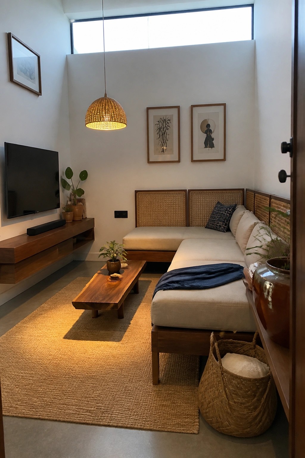 A compact living room with an L-shaped modular sofa featuring cane panels on the backrests, a low wooden coffee table on a large jute rug, and a wall-mounted TV console.
