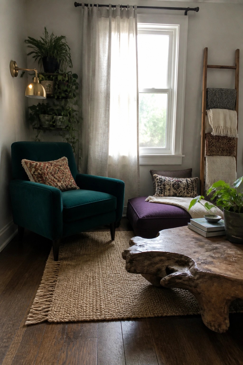 A teal velvet armchair with a patterned pillow sits beside a purple ottoman on a jute rug in a living room corner with plants, a live-edge coffee table, and a wooden blanket ladder.