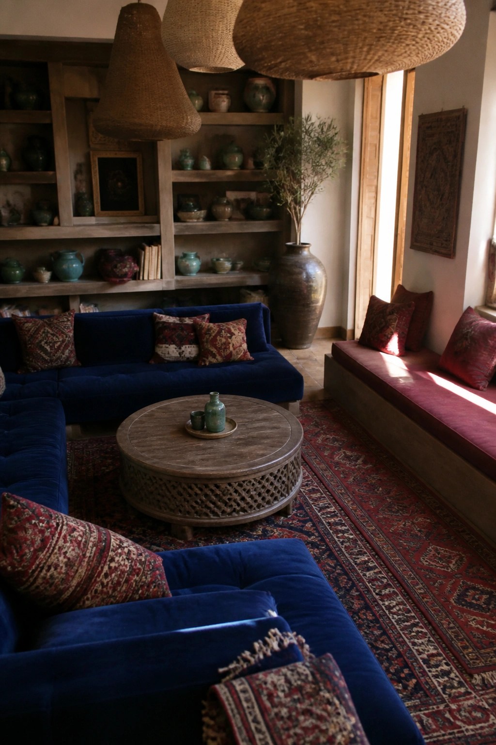 Blue velvet sectional sofa with patterned pillows in sunlit room with woven lamps and pottery shelves.