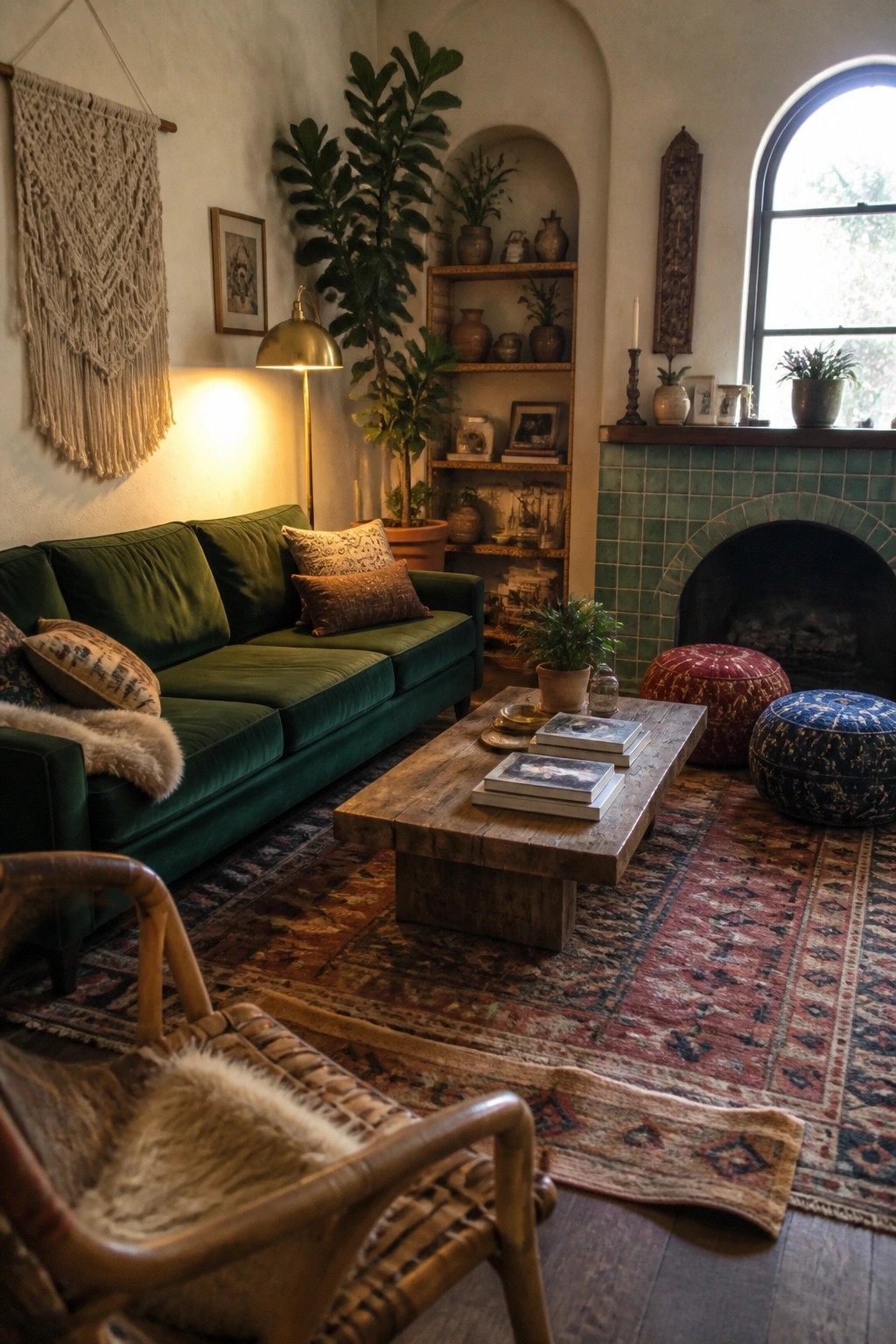 A living room featuring a green velvet sofa on layered patterned rugs, with a wooden coffee table, potted plants, and a green tiled fireplace.